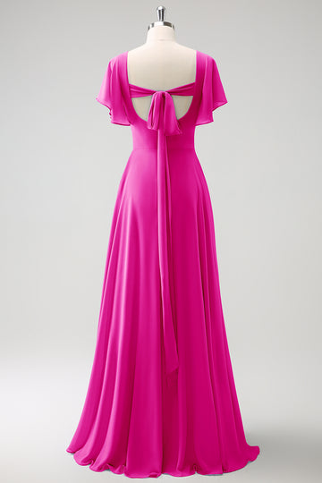 A Line Fuchsia Chiffon Long Bridesmaid Dress with Slit